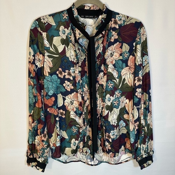 Zara Basic Collection Black Floral Ruffle High Neck Front Long Sleeve Cuffs XS - Picture 1 of 15
